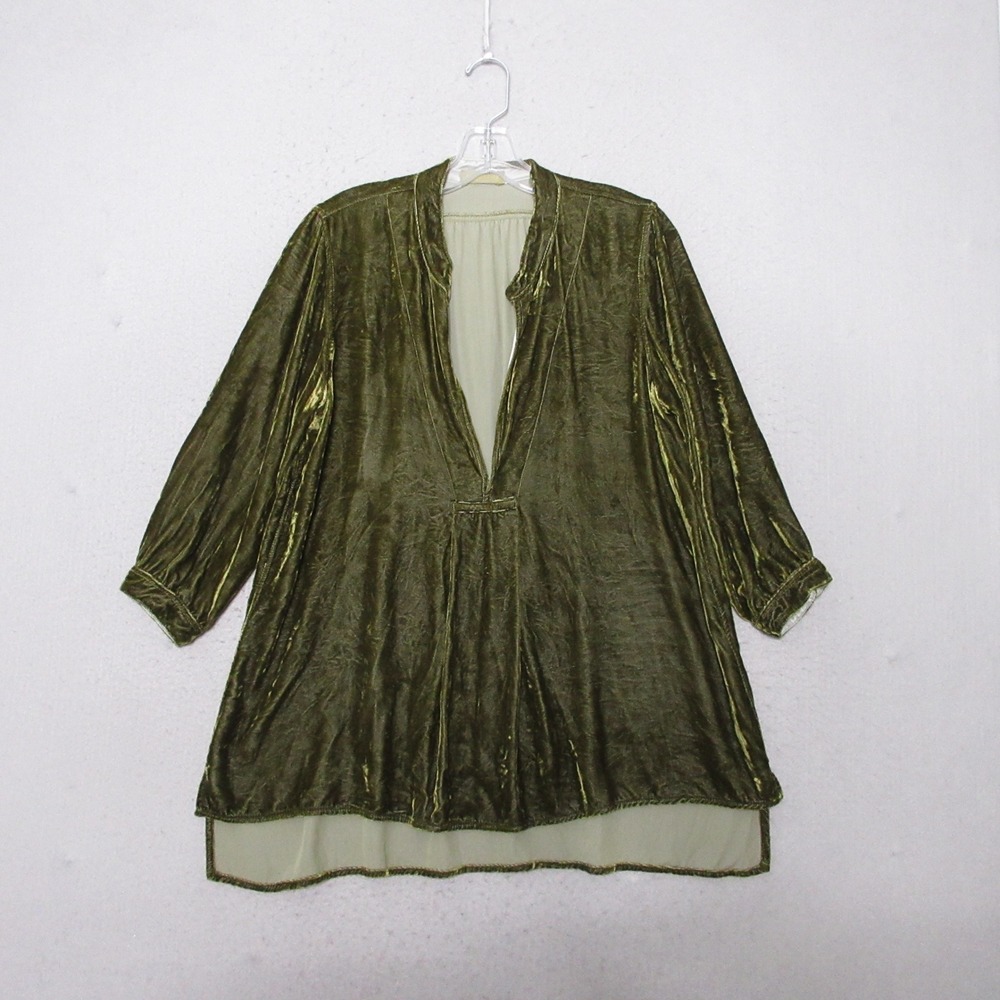 CP Shades Top Tunic Green Velvet Silk Boho Lagenlook Quiet Luxury Cottage USA